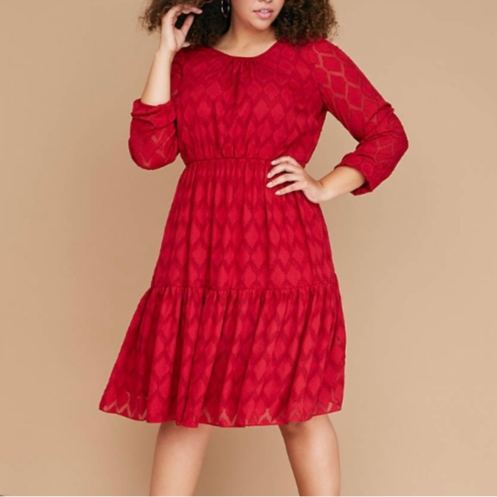 LANE BRYANT Long Sleeve Dress Diamond Pattern Midi Keyhole Back Red Size 28 NWT